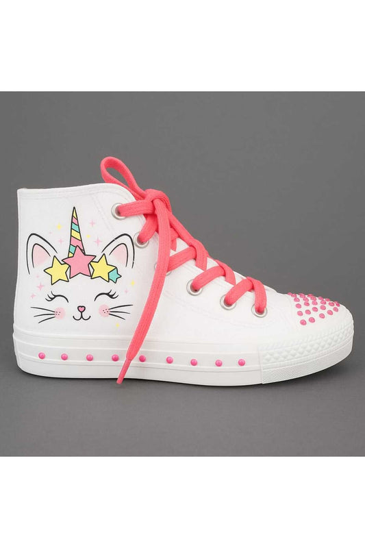 kedilli ve parlayan boncuk detaylı baskılı Kız Çocuk spor ayakkabı sneaker